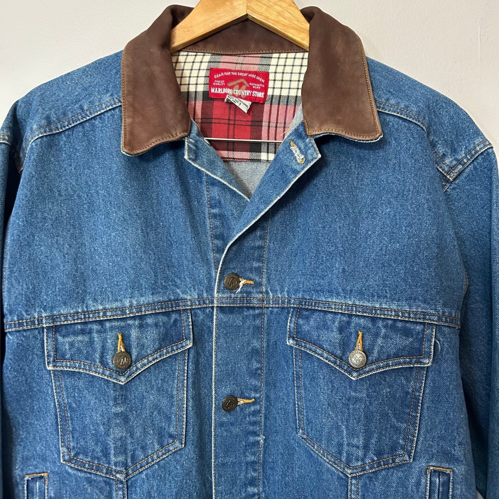 Marlboro Country Store Denim Jacket Mens S Blue Leather Collar Flannel Lined Vtg